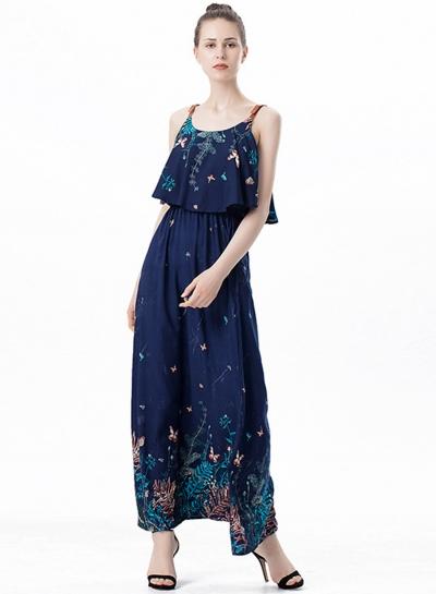 Oasap Sleeveless Elastic Waist Leaf Printed Maxi Dress