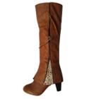 Oasap Round Toe Lace Panel Pu Leather Mid-calf Boots