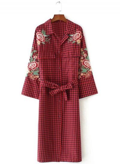 Oasap Turn Down Collar Long Sleeve Plaid Single Breasted Floral Embroidery Dress