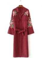 Oasap Turn Down Collar Long Sleeve Plaid Single Breasted Floral Embroidery Dress