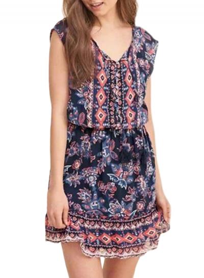 Oasap Women's Fashion Floral Print Tie Neck Sleeveless Short Dress