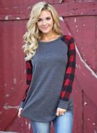 Oasap Round Neck Plaid Sleeve Pullover Tee Shirt