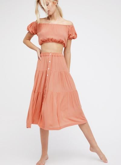 Oasap Solid Slash Neck High Wasit Crop Top Skirt Set