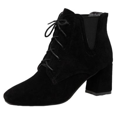 Oasap Pointed Toe Solid Color Lace-up Square Heels