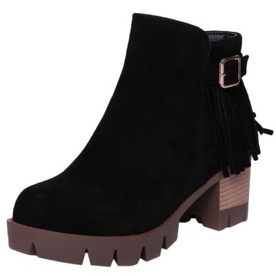 Oasap Fringed Round Toe Block Heels Platform Ankle Boots