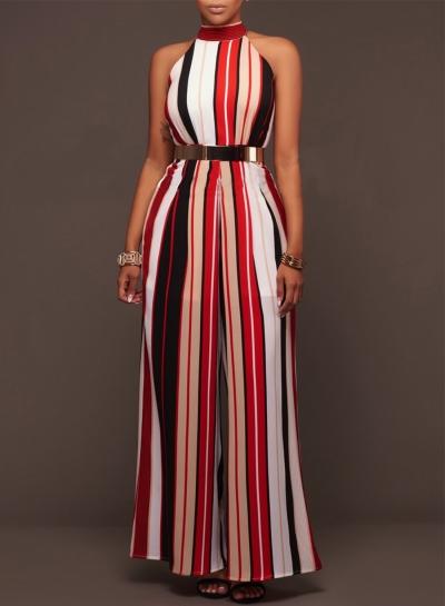 Oasap Fashion Halter Off Shoulder Striped Wide Leg Jumpsuit
