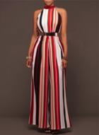 Oasap Fashion Halter Off Shoulder Striped Wide Leg Jumpsuit