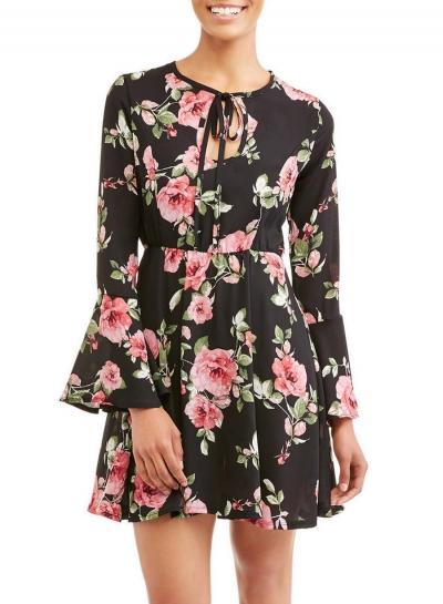 Oasap Flare Sleeve Floral Print High Waist Mini Dress