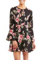 Oasap Flare Sleeve Floral Print High Waist Mini Dress