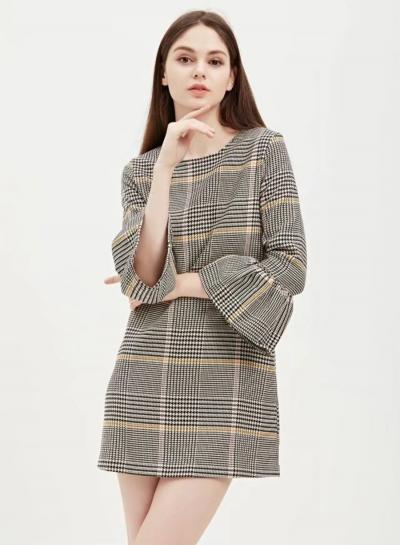 Oasap Fashion Flare Sleeve Houndstooth Mini Dress