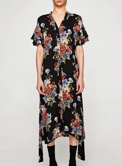 Oasap V Neck Flounce Sleeve Floral Printed Dress