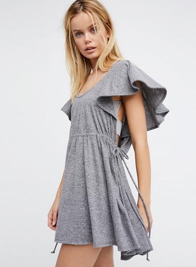Oasap Solid Color Flounce Sleeve Ruffled Dress