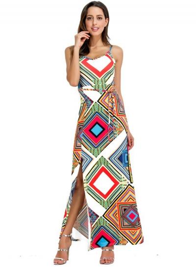 Oasap Geometric Print Backless Side Slit Maxi Dress