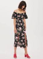 Oasap Slash Neck Flare Sleeve Floral Print Slit Midi Dress