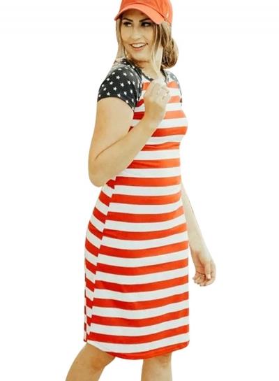 Oasap Summer Casual Red Striped Patriotic Women Tee Dress