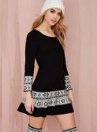 Oasap Women's Round Collar Floral Graphics Long Sleeve Dress