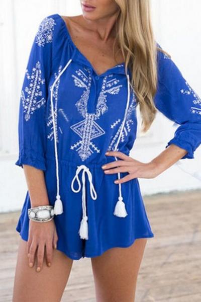 Oasap National Wind Printing Elastic Waist Romper