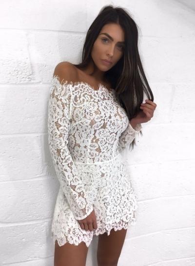 Oasap Off Shoulder Long Sleeve Lace Hollow Out Mini Dress
