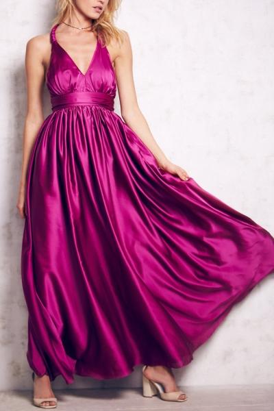 Oasap Deep V Backless Braided Halter Party Maxi Dress