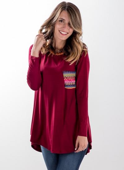 Oasap Print Block Long Sleeve Pleated Tee