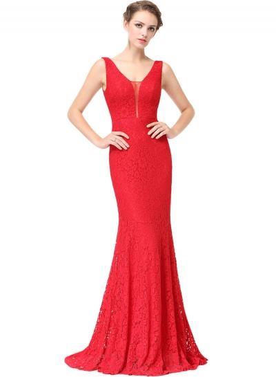 Oasap Women's Elegant V Neck Sleeveless Backless Lace Evening Mermaid Dress