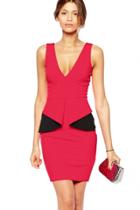 Oasap Rose Black Deep V Neck Peplum Dress