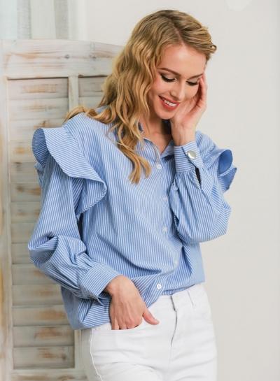 Oasap Turn-down Collar Long Sleeve Flounce Panel Button Down Striped Shirt