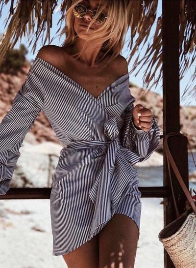 Oasap Deep V Neck Lantern Sleeve Striped Blouse With Belt