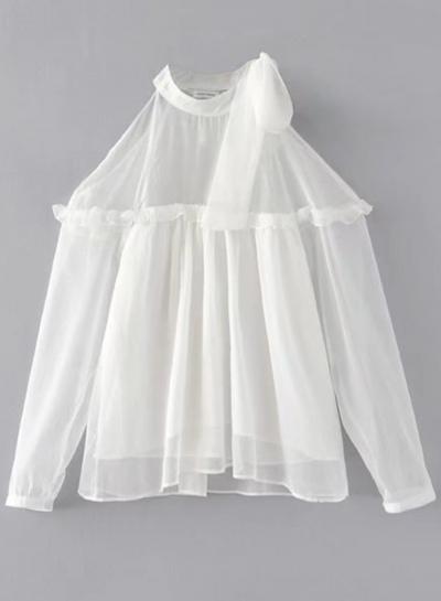 Oasap Solid Halterneck Cold Shoulder Long Sleeve Blouse