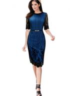 Oasap Lace Splicing Half Sleeve Striped Midi Dress