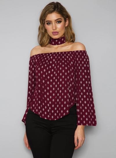 Oasap Slash Neck Long Sleeve Floral Printed Blouse
