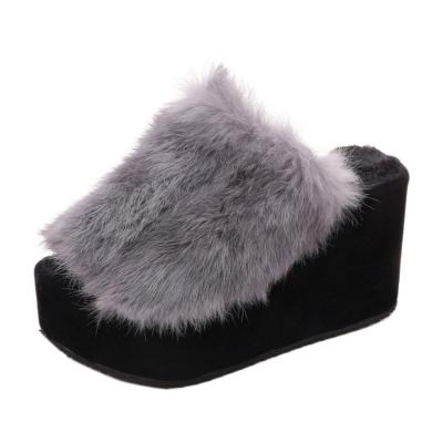Oasap Rabbit Hair Open Toe Wedge Heels Slippers