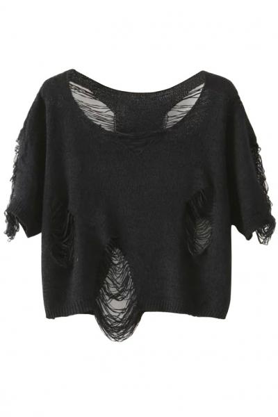 Oasap Awesome Solid Short Sleeve Destroyed Woman Pullover