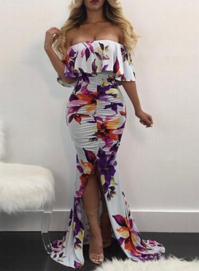 Oasap Off Shoulder Short Sleeve Ruffle Floral Slit Mermadi Dress