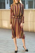 Oasap Boho Style Stripe Round Neck Chiffon Midi Dress