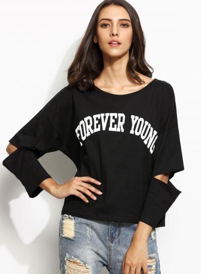 Oasap Long Sleeve Hollow Out Letter Printed Loose Tee