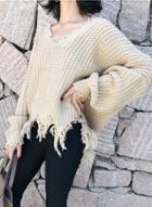 Oasap V Neck Fringe Trim Distressed Sweater