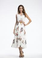 Oasap Round Neck Sleeveless Floral Print Dress With Belt
