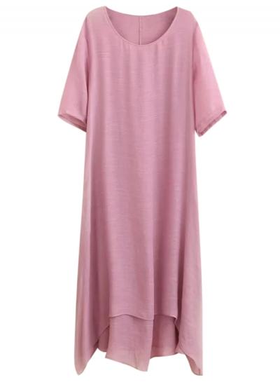 Oasap Women's Oversized Round Neck Cotton Linen Asymmetric Dress