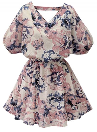 Oasap Women's V Neck Short Sleeve Floral Print Linen Dress