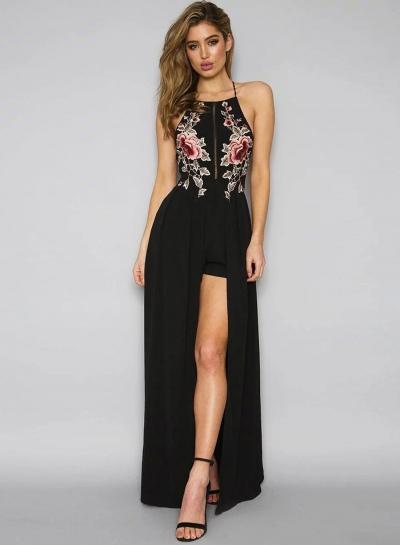 Oasap Halter Backless Floral Embroidery High Slit Dress
