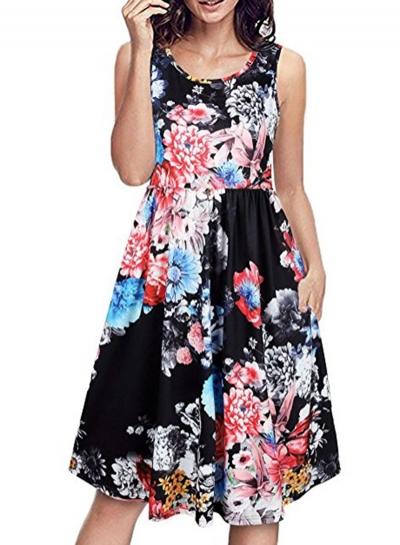 Oasap Fashion Floral Printed Sleeveless Round Neck Women Vest Dress