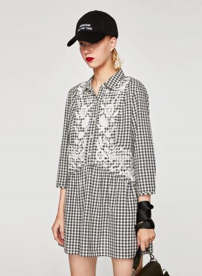 Oasap 3/4 Sleeve Floral Embroidery Plaid Mini Dress