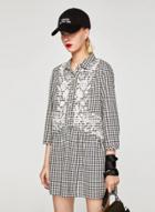 Oasap 3/4 Sleeve Floral Embroidery Plaid Mini Dress