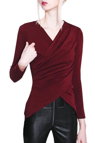 Oasap Women Chic Faux Wrap Asymmetric Slim Fit Blouse