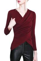 Oasap Women Chic Faux Wrap Asymmetric Slim Fit Blouse
