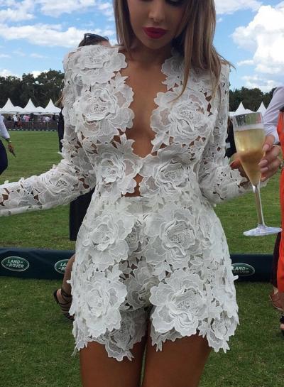 Oasap Floral Lace Long Sleeve Bodycon Blouse Shorts Set