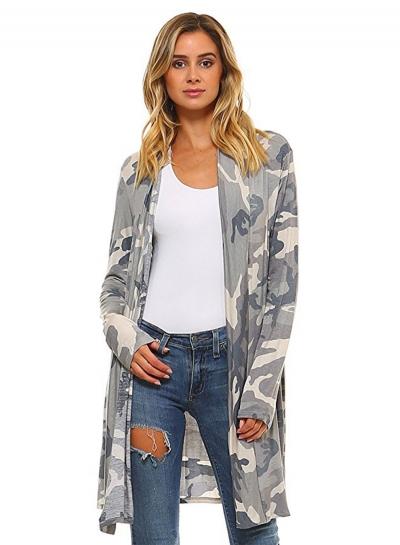 Oasap Long Sleeve Open Front Camo Cardigan