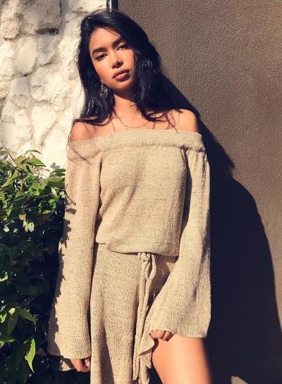 Oasap Slash Neck Off Shoulder Long Sleeve Solid Color Knit Dress