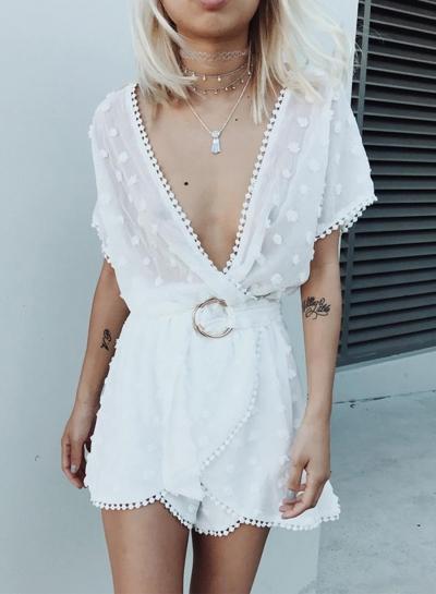 Oasap Deep V Neck Chiffon Romper With Belt